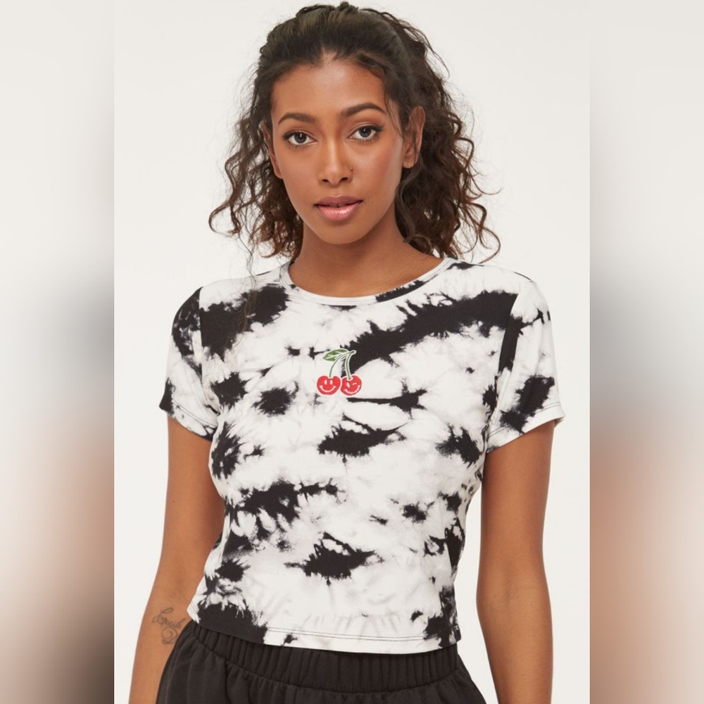 ARDENE Acid Wash Tie Dye Cherry Embroidery Cropped Baby Tee Size XS